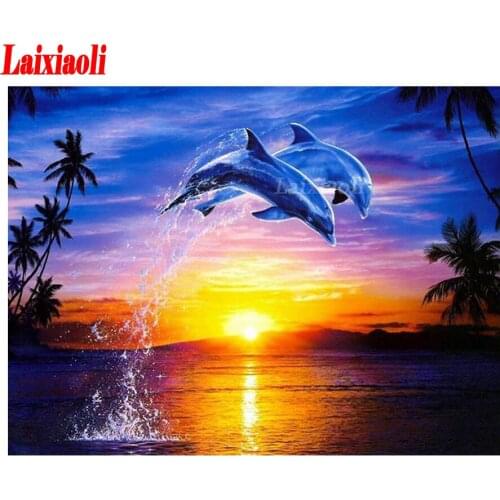 DIY 5D Diamond Painting Mosaic Sunset And Dolphins Scenic Diamond Cross stitch Set Diamond Embroidery Handmade decor hobby gift
