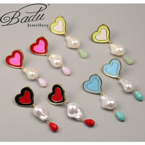 Badu New Fashion Love Earrings Pearl Pendant Earrings Resin Material Handmade Simple Temperament Jewelry Girl Party Cute Gifts