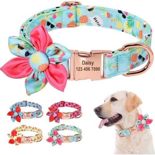 Floral Personalized Dog Collar Fruit Printed Customized Pet ID Collars Free Engraving Dog Accessories For Small Medium Dogs Cats