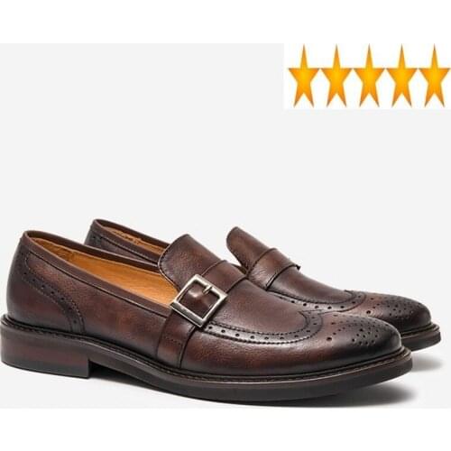 Genuine British Mens Bullock Carved Leather Business Autumn New Brand Buckle Round Toe Slip On Comfort Male Dress Shoes