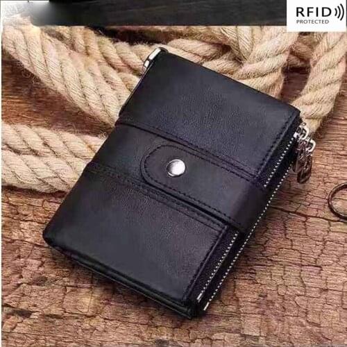 RFID anti-theft brush wallet leather multifunctional buckle zipper retro crazy horse cowhide mens wallet casual coin bag