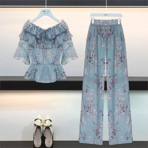 Summer Rushed Elastic Waist Suit Wide-leg Pants 2020 New Fashion Floral Ruffled One-shoulder Chiffon Shirt And Two-piece Set