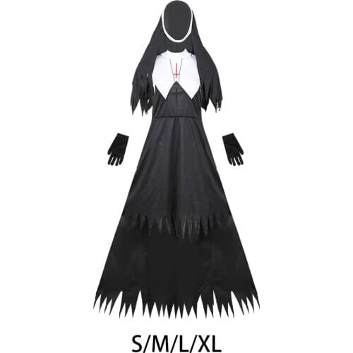 Bad Habit Nun Costume Set, Adult Sister Black Robe, Nun Hat High Gloves Necklace for Halloween Cosplay Carnival Theme Party