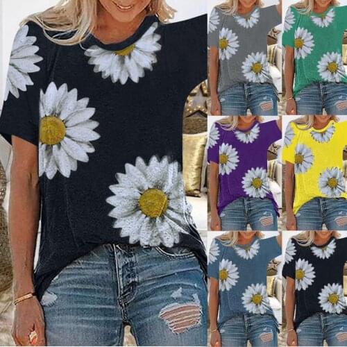 Kuelawear Summer Fashion Casual Small Daisy Print Round Neck Loose Cool Slim Womens Womens Short-sleeved T-shirt Top