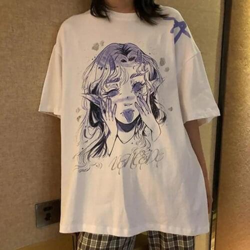 Summer T Shirt Women Cotton Japan Black Funny T-shirt For Girl Black Cartoon Ladies Oversize White Tops Summer Cute T Shirts
