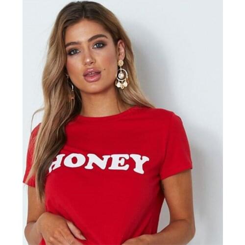 HONEY Red Letters Print Cotton Casual Funny T Shirt for Lady Top Tee Hipster Tumblr Tee Shirt Women Summer Fashion Graphic Top