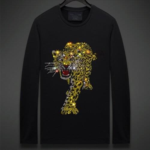 Plus velvet T-shirt mens hot drilling Tiger mens bottoming shirt autumn and winter long sleeve large size men
