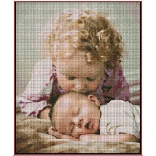 Oneroom 14CT Counted Unprinted Cross Stitch Kits Needlework For Embroidery Home Decor Arts Cute Baby Kiss Children Cartoon