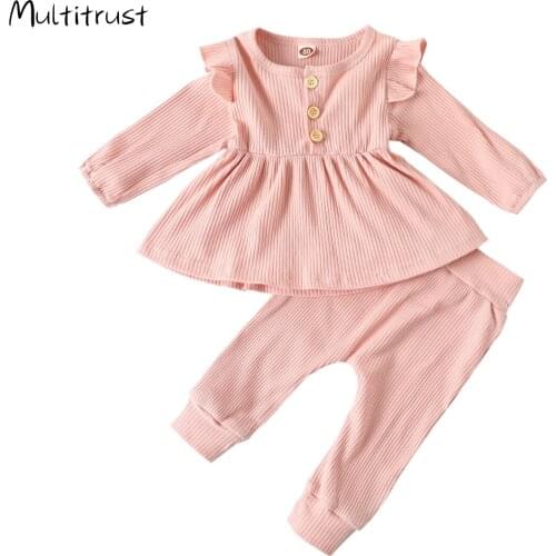 Infant Baby Girl Clothes Solid Knitted Long Sleeve T-Shirts Tunic Dress Tops Pants Set 2 Piece Outfit Snug-Fit Pajamas Set