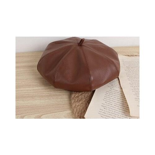 Autumn and Winter British PU leather beret trendy Korean style Bud all-match octagonal hat childrens painter hat