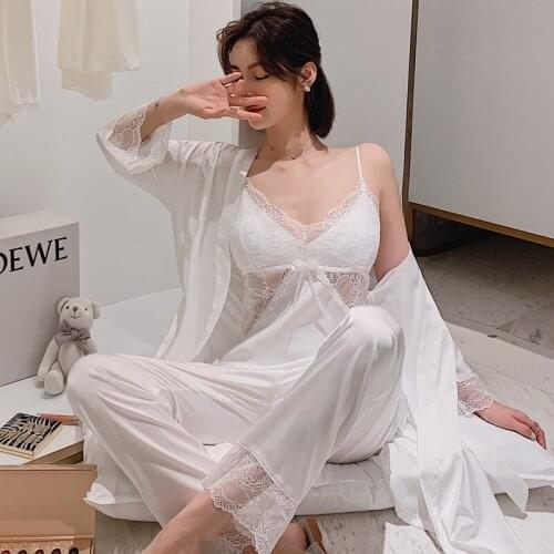 White Sleepwear Sleep Suit Female 3PCS Pajamas Set Sexy Satin Pyjamas Lace Bridal Wedding Nightwear Satin Nighty&Robe Home Wear