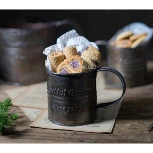 Retro Drinkware Vintage Iron Flower Bucket Old Handle Cup Food Fruit Cup Home Kitchen Milk Coffee Mug