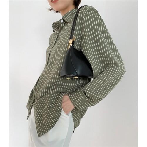 HziriP Green Striped Hong Kong Style 2021 Retro Hot Gentle Full-Sleeved Tops Chiffon Office Lady Fashion Chic All-Match Shirts