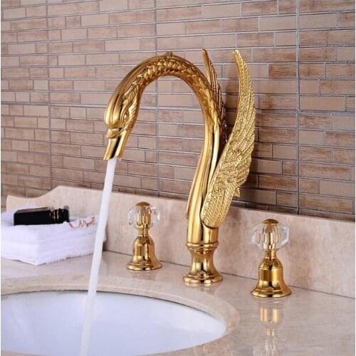 Vidric luxury bathroom faucet solid brass construction swan hot and cold gold finish 8' widespread basin faucet bathroom sink ta