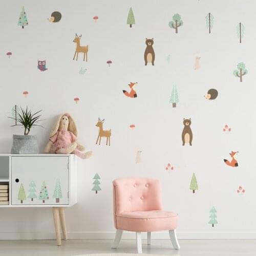 Vacclo Forest Trees Animal Party Wall Decorative Sticker Nordic Ins Style Self-adhesive Mural Decals for Kids Room Furniture