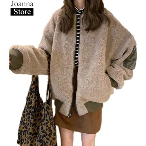 Autumn Winter Women Short Double Side Wear Jacket O-Neck Lambswool Warm Baseball Coat Long Sleeve Plus Size Black Bomber Jackets