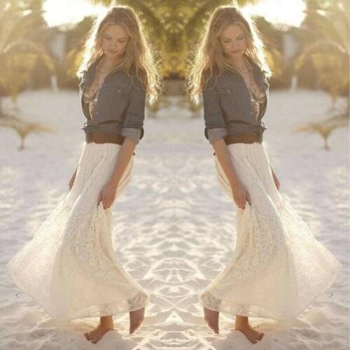 Womens Lace Double Layer Pleated Long Maxi Skirt Elastic Waist Skirt Straight