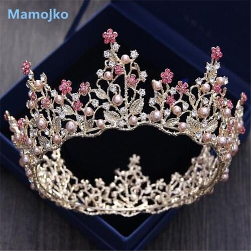 Mamojko Baroque Leaf Imitation Pearl Princess Bridal Crowns Drop Tiaras For Woman Flower Noble Wedding Jewelry Hair Accessories
