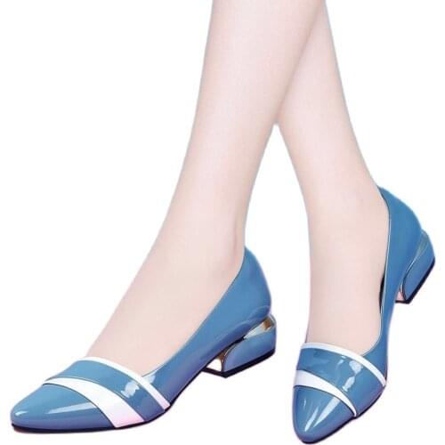High Top Leather Low Heels Women Summer Shoes Pointed Toe Thick Pumps Women 2020 Hot Party Zapatos Cheap