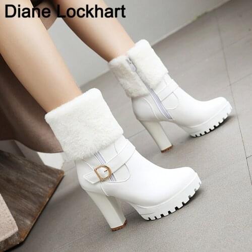 Women Thick Ankle Boot Warm Plush Winter Shoes For Woman High Heels Ladies booties Womens platform Snow Boot 2020 Mujer Botas