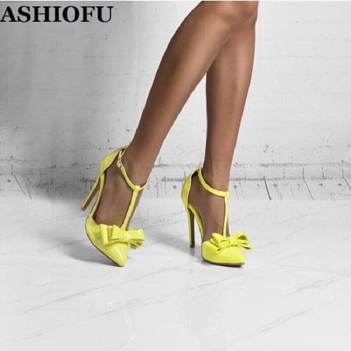 ASHIOFU 2020 New Real Pictures Womens High Heels Pumps T-strap Butterfly-knot Party Prom Shoes Daily Wear Sexy Fashion Shoes