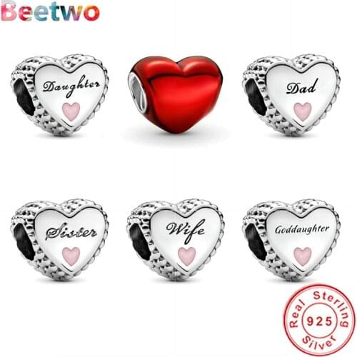 925 Sterling Silver Wife Dad Sister Heart Charm Beads Fit Original Pandora Charms Bracelet Bead Women Fashion Jewelry Berloque