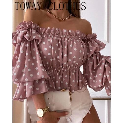 Polka Dot Print Off Shoulder Layered Shirred Top 2021 Elegant Femme Puff Sleeve Corset Blouse Lady Outfits y2k Tunics