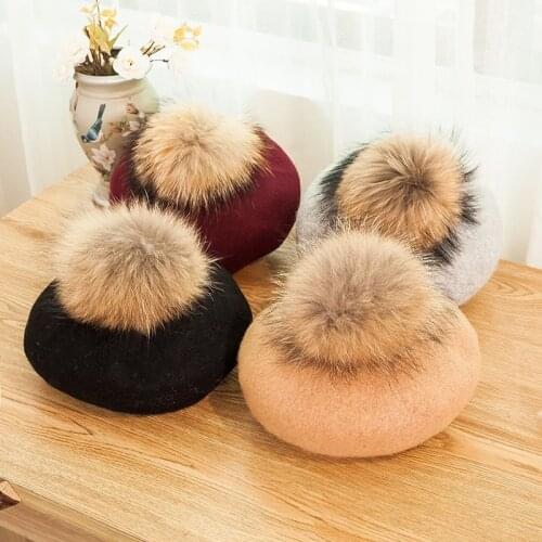 Autumn Winter Women natural Pompoms Beret Hat Solid Vintage Octagonal Cap Lady Girls Wool Painter Hats warm Berets French Hat