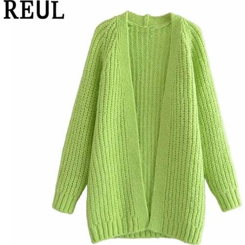 REUL Za Women 2021 Fall Fashion Loose Knit Oversized Cardigan Sweater Vintage Long Sleeve Elastic Hem Female Outerwear Chic Tops