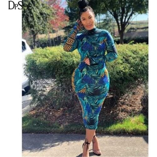 DPSDE Multicolor Print Women Long Elegant Dress High Collar Casual Bodycon Dress Autumn Streetwear Skinny New 2020 Bandage Dress