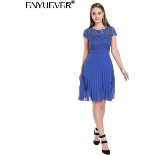 Enyuever Lace Women Summer Dress Short Sleeve Patchwork Back See Through Pleated Elegant Royal Blue Formal Evening Party Dresses
