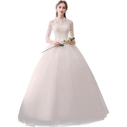 2021 Spring Summer Women White Dress Korean Style High Waist Temperament Lace Mid Sleeved Stand Collar Dress