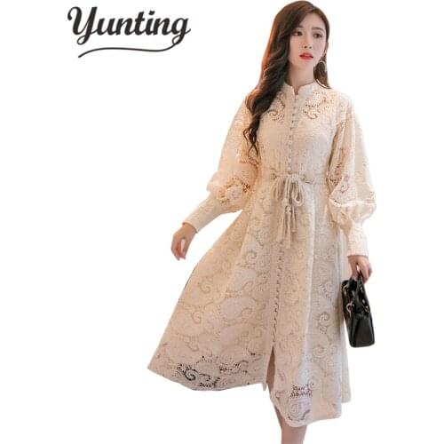 Winter Women Stand Collar Lantern Long Sleeve Bandage Dress Runway Crochet Hollow Out Lace Dress Female Sash Belt Long Dress