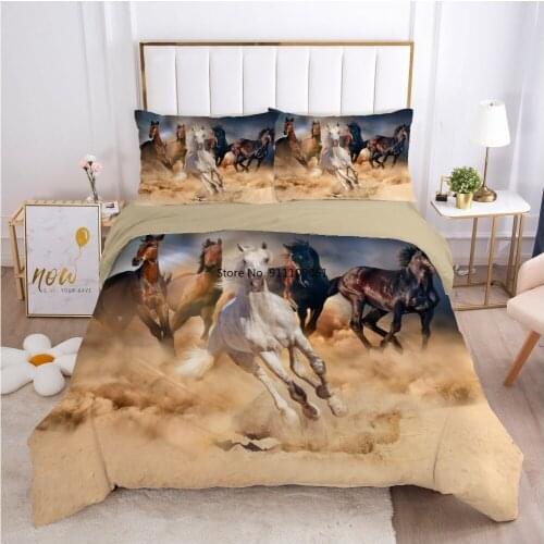 2/3pcs Wild Horse Animal Pattern 3D Cartoon Digital Printing Quilt Cover Pillowcase Double Bed Set Sheet Cover Quilt Bedding Set