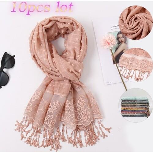 2020 Plain lace floral tie-dyed cotton scarf plaid tassel embroidered pom pom cotton scarves women hijab headband 10pcs/lot