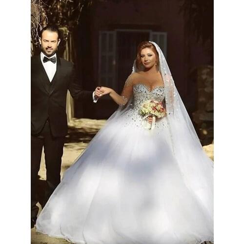 2021 Prom Dress Wedding Gemstone Collar Palace Style Satin Tulle Long Sleeve Perspective Crystal Beads lifu