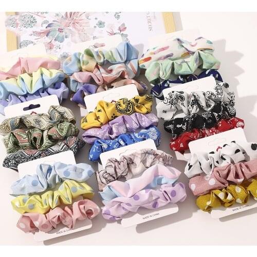3pcs/set Woman Boho Printed Hair Ties Set Girls Rubber Band Scrunchies Hair Accessories Hair Rope Headwear Elastic Hairband