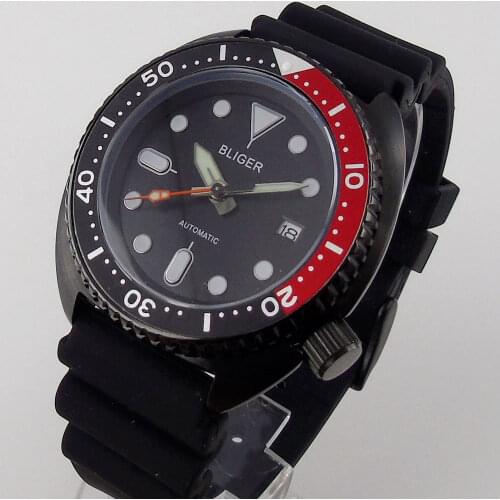 45mm Japan NH35 Movement Fully Black Plated Automatic Mens Watch Sapphire Rubber Strap Date Rotating Bezel Hacking Seconds