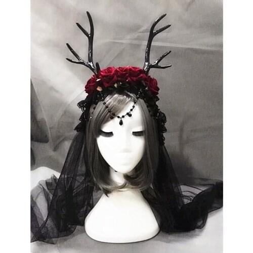Elk Horn Headbands Rose Lace Veil Deer Antler Headband Fancy Dress Costume