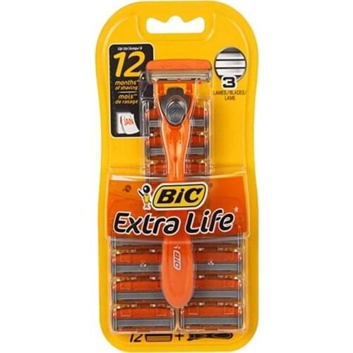 Bic Hybrid Extra Life Razor - 12-Month Package 3 Blade Technology With Polymer and Chrome Plated Shave Closer and Soft