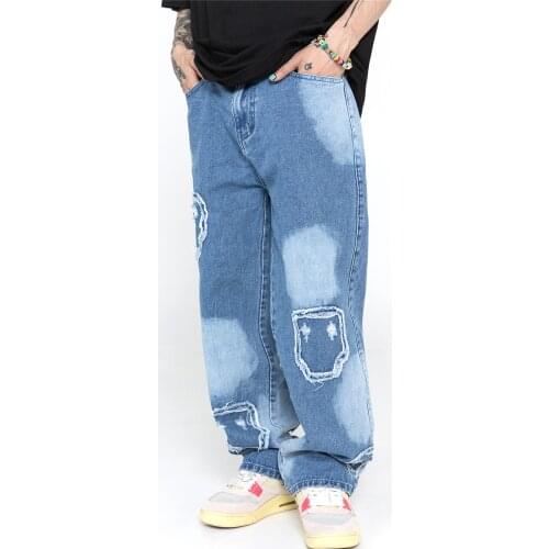 Eukaaru Man Streerwear Baggy Jeans Patch Design Hip Hop Light Blue Straight Jeans Woman Oversized Boyfriend Jeans Pants Trousers