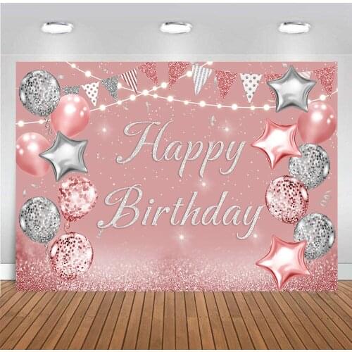 Grls Happy Birthday Photo Backdrops Shiny Dots Pink Balloons Baby Shower Cake Table Party Decoration Background Props