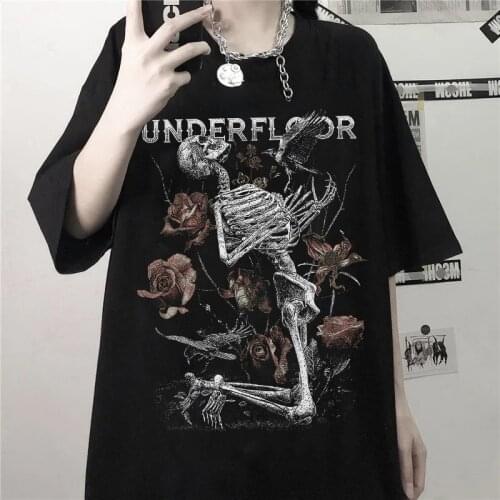 Gothic T-Shirt Womens Skeleton Print Grunge Aesthetic Goth T Shirt Dark Edgy Fashion Streetwear Graphic Tee Unisex couple tops