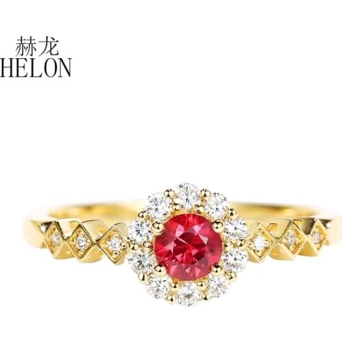 HELON Solid 14K Y/R/W Gold Certified Round Genuine Natural Ruby Diamonds Party Anniversary Ring For Women Trendy Jewelry Gift