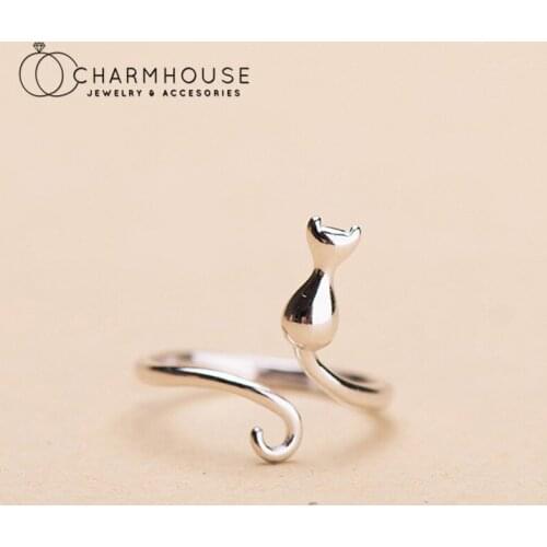 Pure Silver Finger Rings For Women Cat Open Ring Adjustable Anillo Bague Femme Trendy Jewelry Accessories Bijoux Party Gifts