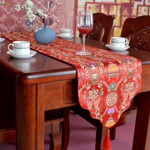 Red Table Runner Chinese Satin Table Runner Tafelloper Tablecloth Table Flag with Tassels Home Decor Table Cloth Custom