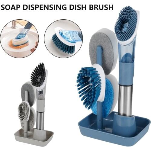 Kitchen Cleaning Brush 4 In 1 Long Handle Cleaing Brush with Removable Brush Sponge Dispenser Dishwashing Brush Kitchen Tools