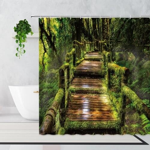 Summer Tropical Rainforest Scenery Shower Curtains Green Jungle Corridor Old Trees Natural Landscape Home Decor Bath Curtain Set