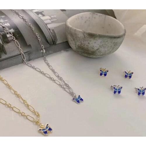 MENGJIQIAO Fashion Metal Drop Glaze Red Heart Hoop Earrings For Women Girls Cute Butterfly Chain Choker Necklace Jewelry Set
