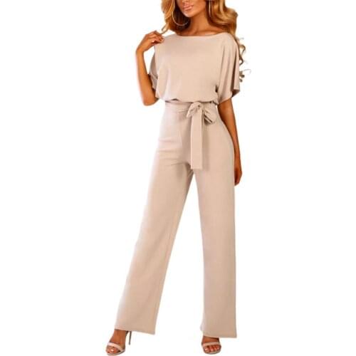 New Drawstring Round Neck Jumpsuit Lace Up High Waist Elegant Women Solid Color Leisure Straight Leg Romper for Work Streetwear